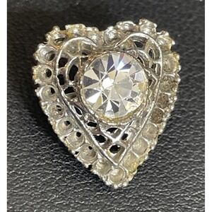 Vintage Rhinestone Heart Brooch Small Valentines Day Jewelry Pin Silver Tone 3D